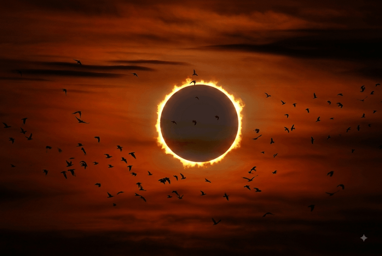 Flock of birds flying through darkened sky during a partial solar eclipse