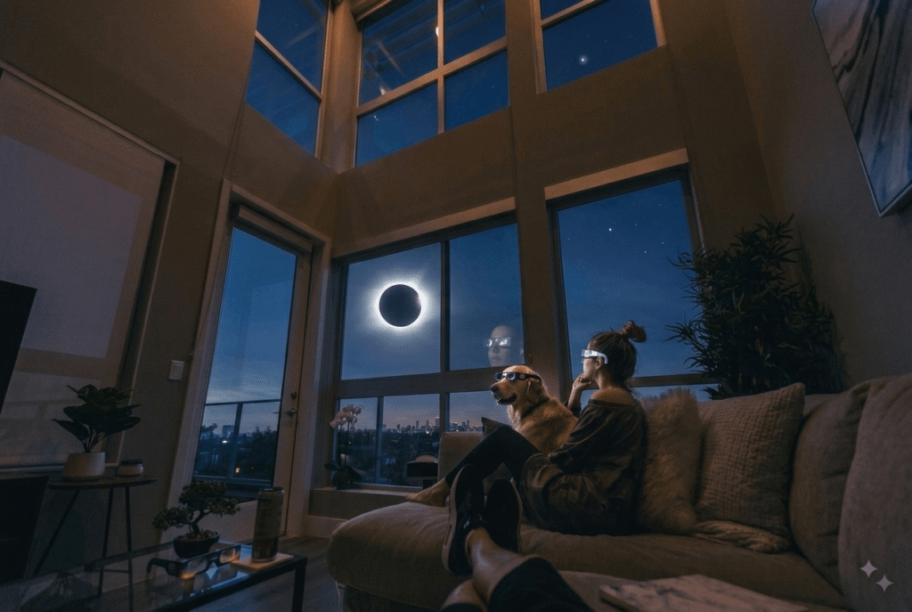 Total solar eclipse corona visible in dark sky with silhouette of a dog and owner watching safely from home
